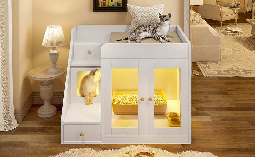 Cat Litter Box Enclosure with Light - Furniture with 2 Storage Drawers