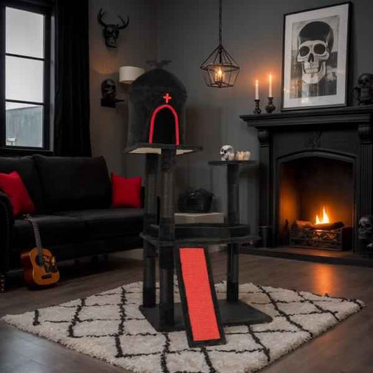 53in Gothic Cat Tree With Coffin Bed, Large Cat Tower With Spacious Cat Condo, Scratching Posts, Spider Hanging Toys, Scratching Board, Multi-Level Cat Activities Furniture For Large Cats, Red & Black