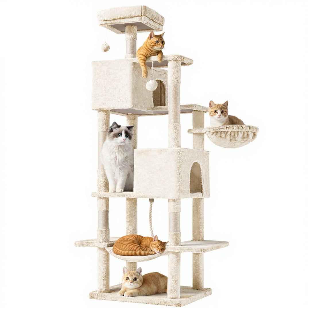 66-Inch Cat Tree Tower - Multi-Level with 2 Condos & Hammock - Purrfect Pet Haven