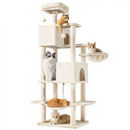 66-Inch Cat Tree Tower - Multi-Level with 2 Condos & Hammock - Purrfect Pet Haven