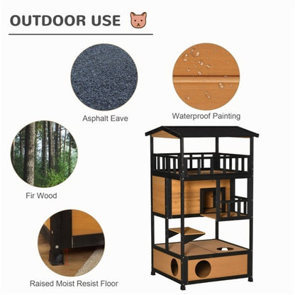 Outdoor cat play structure with material options displayed.
