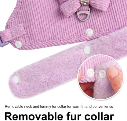 Warm Fur Collar Soft Padded Small Girl Pet Harness and Leash Set with Bow Tie