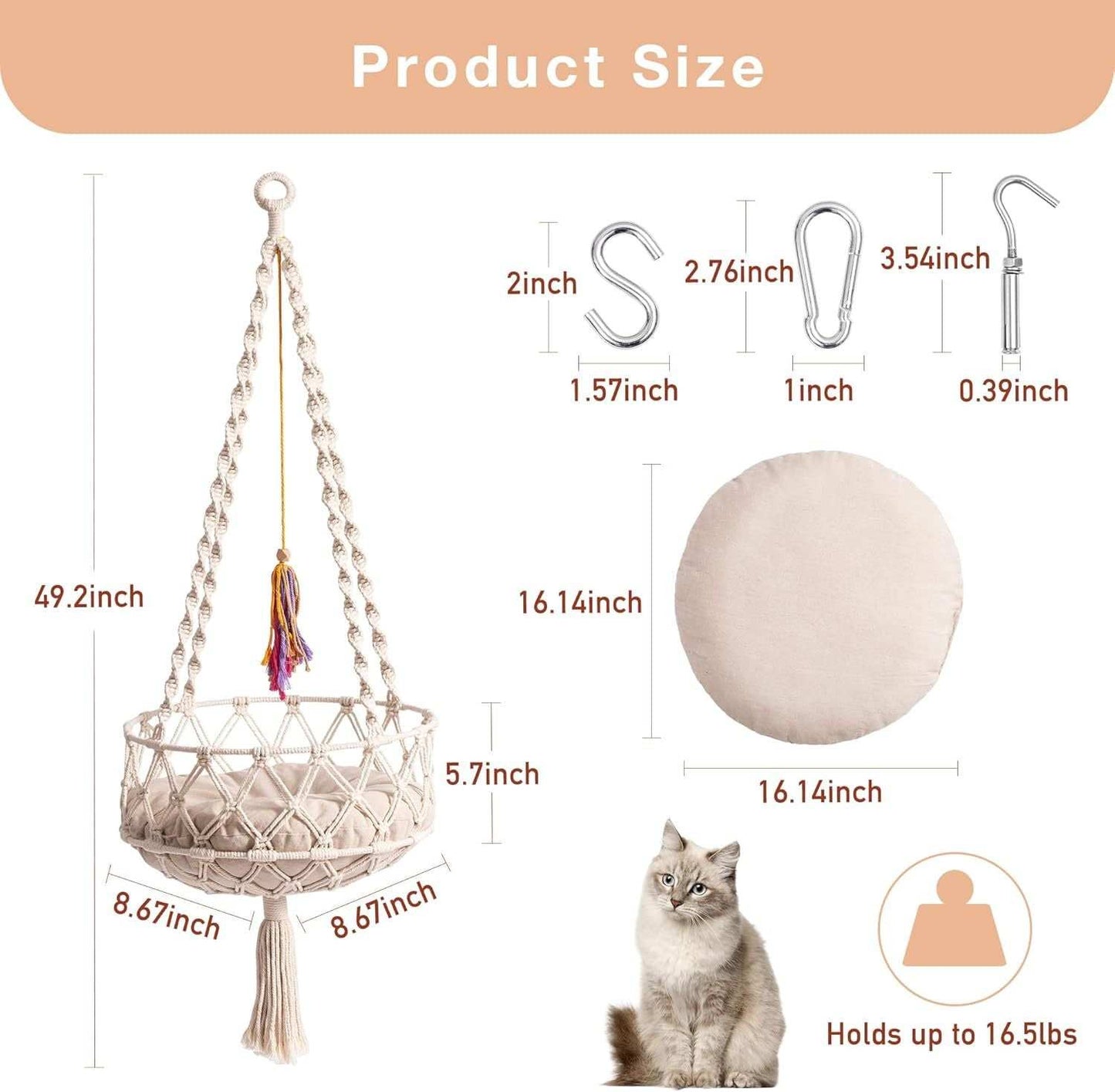 Macrame Cat Swing Bed For Indoor Cats - Boho Hanging Hammock With Washable Mat