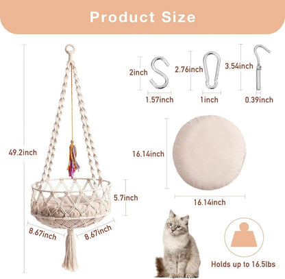 Macrame Cat Swing Bed For Indoor Cats - Boho Hanging Hammock With Washable Mat
