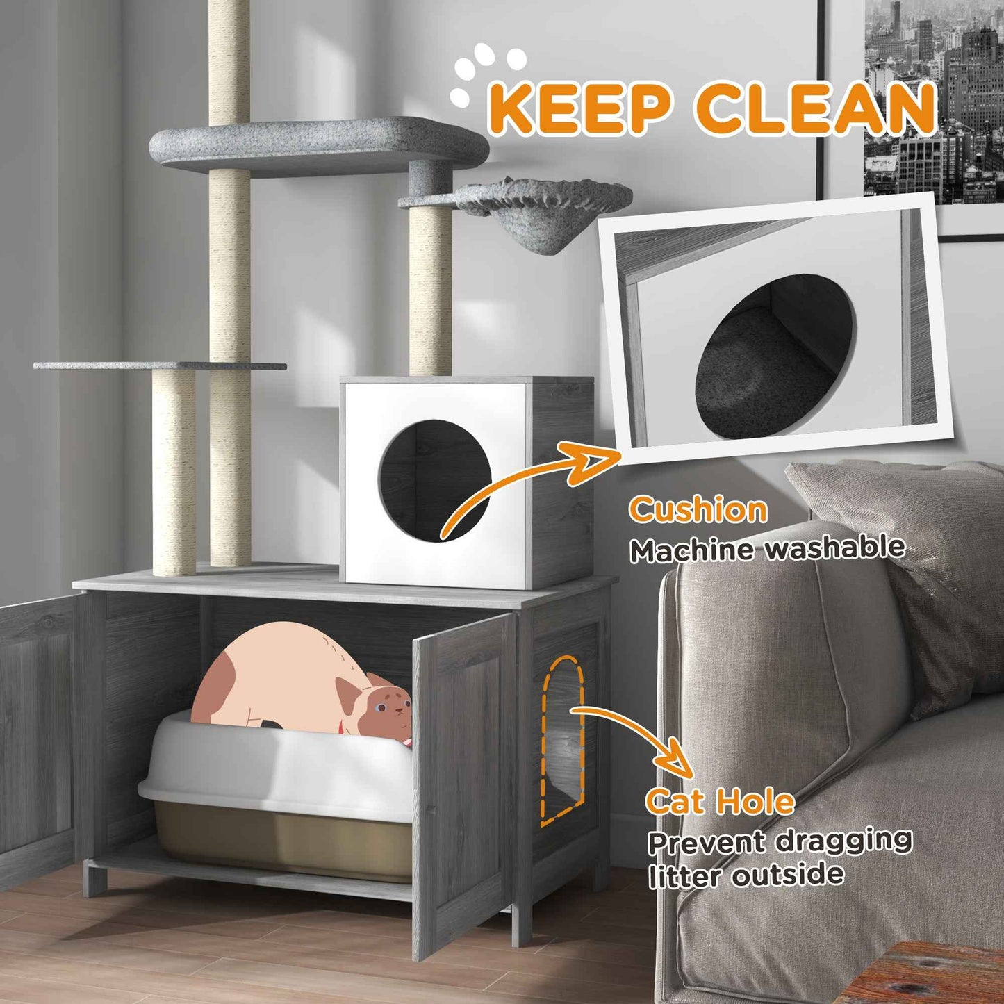 Cat Tree Floor to Ceiling with Litter Box - 2 in 1 Condo