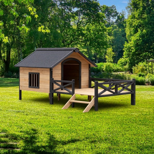 Large Wooden Dog House - Outdoor Cabin with Porch