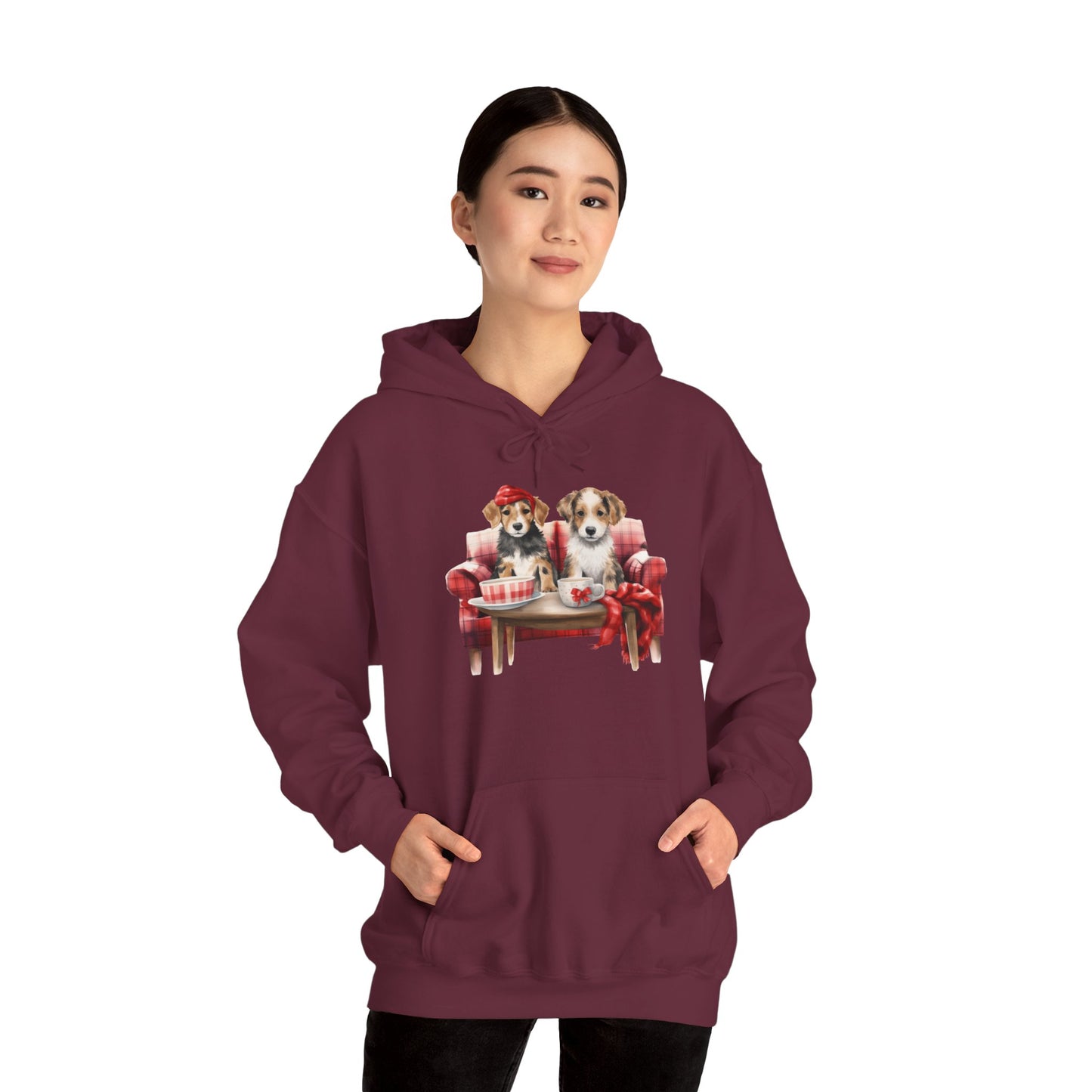 Christmas Puppies Hoodie - Festive Dogs on Sofa Holiday Sweatshirt