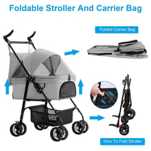 Pet Travel Stroller - Foldable 4-Wheel Carrier With Storage Basket