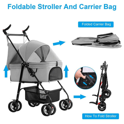 Pet Travel Stroller - Foldable 4-Wheel Carrier With Storage Basket