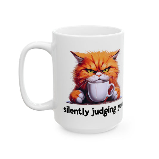 Funny Cat Ceramic Mug - 'Judging You Silently' (11oz, 15oz) | Purrfect Pet Haven