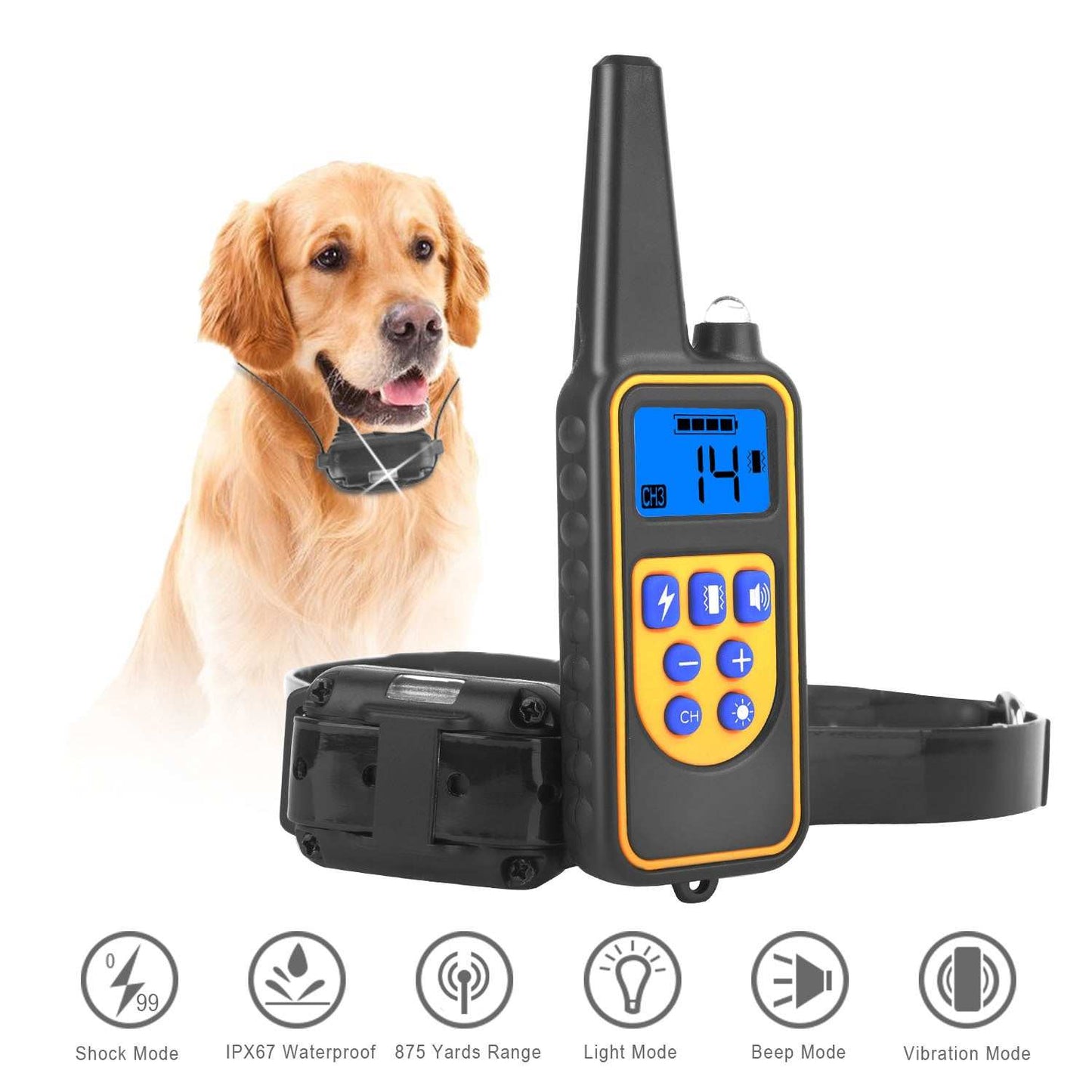 Dog Training Collar With Remote IP67 Waterproof Pet Trainer 300mAh Rechargeable 875 Yard Remote Control 4 Modes Adjustable Level