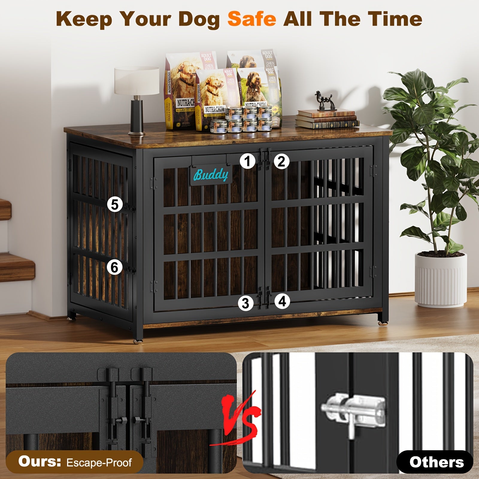 Heavy Duty Dog Crate Furniture for Large Dogs - Double Door Escape-Proof Kennel
