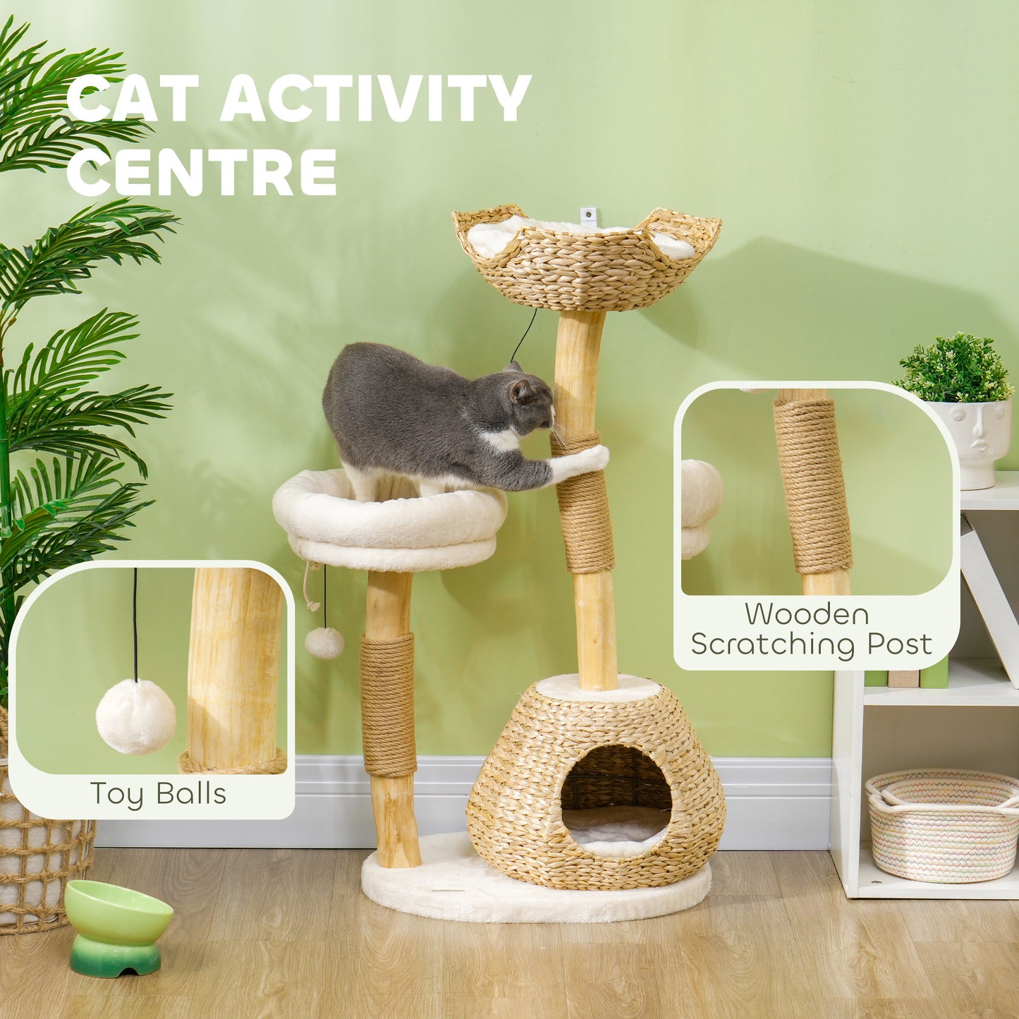 Cat Tree 41" Natural Wood - Jute Posts Condo Beds Toy Balls