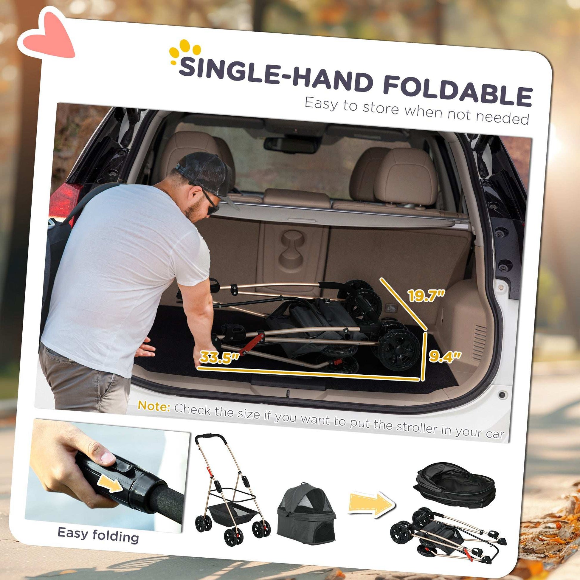 Single-hand foldable stroller with packaging showing features and usage.