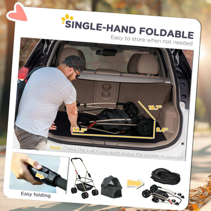Single-hand foldable stroller with packaging showing features and usage.