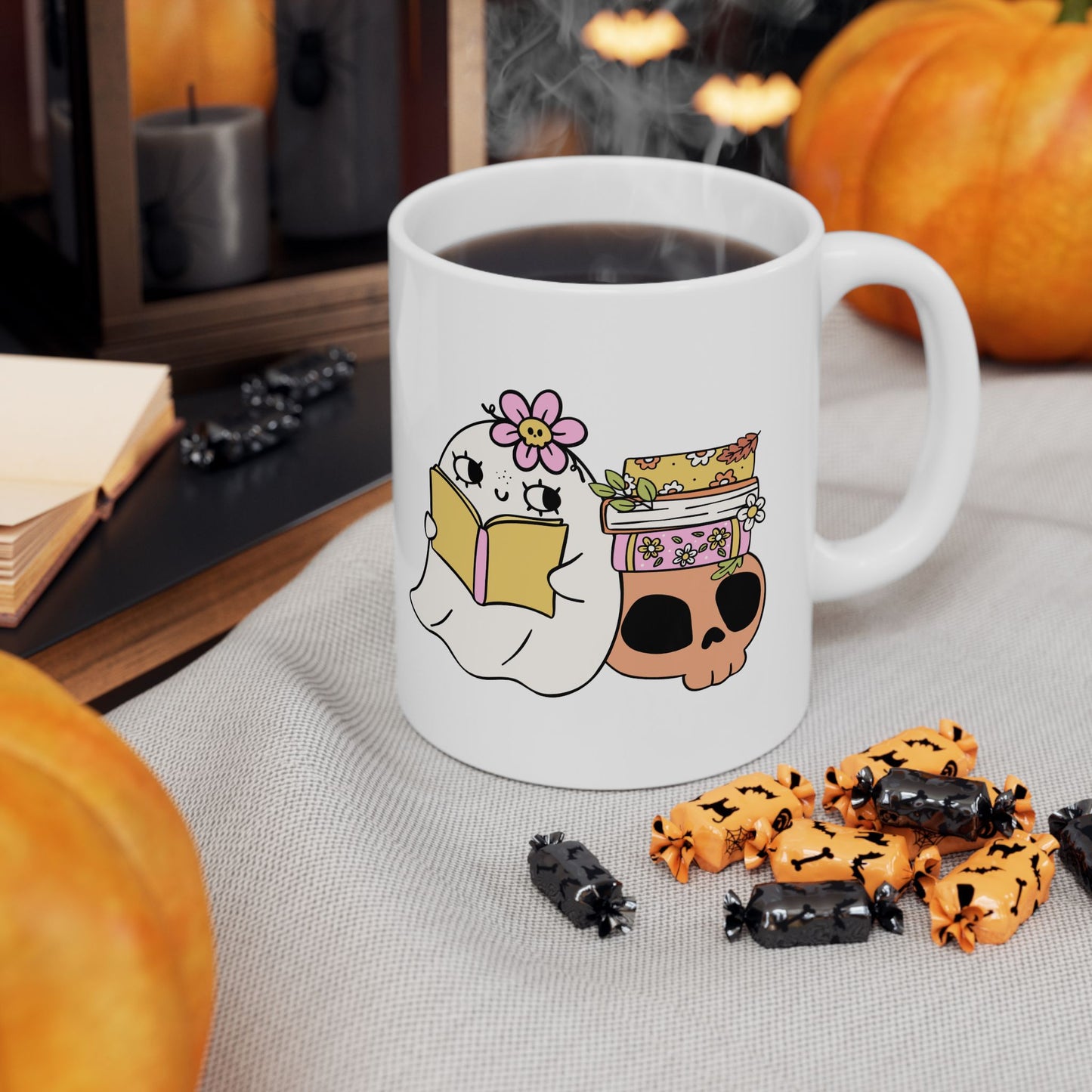 Cute Ghost Ceramic Mug | Coffee Cup for Book Lovers | Halloween Decor | Gift for Readers