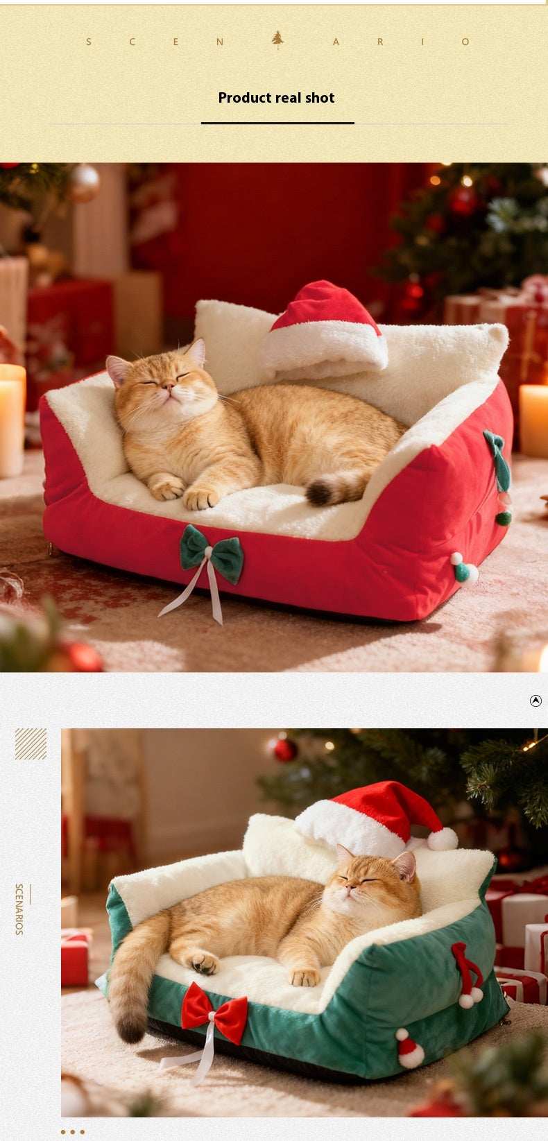 Christmas Cat Bed for Winter Warmth - Cozy Bolster Pet Nest - Purrfect Pet Haven