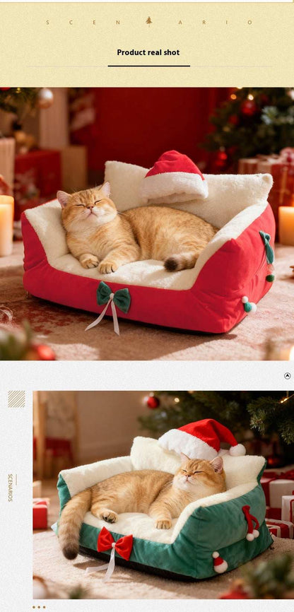 Christmas Cat Bed for Winter Warmth - Cozy Bolster Pet Nest - Purrfect Pet Haven