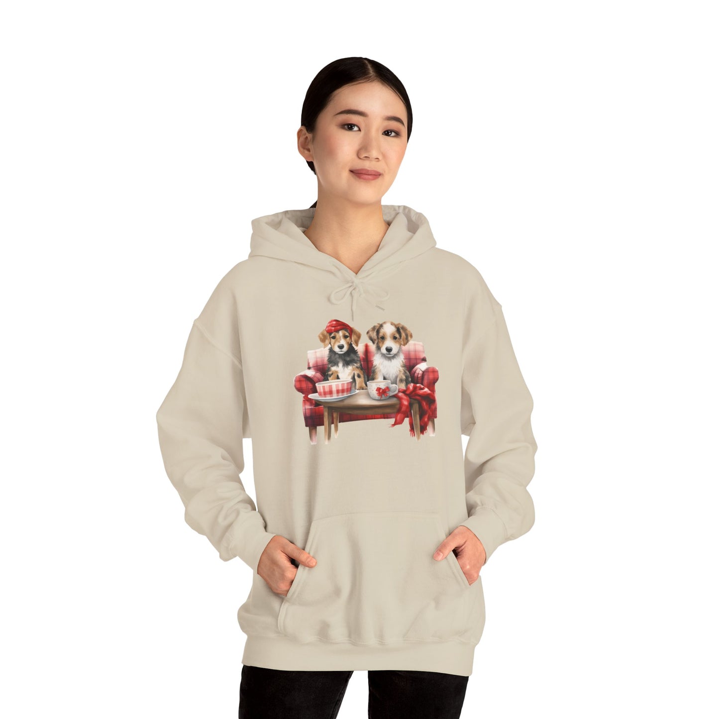 Christmas Puppies Hoodie - Festive Dogs on Sofa Holiday Sweatshirt