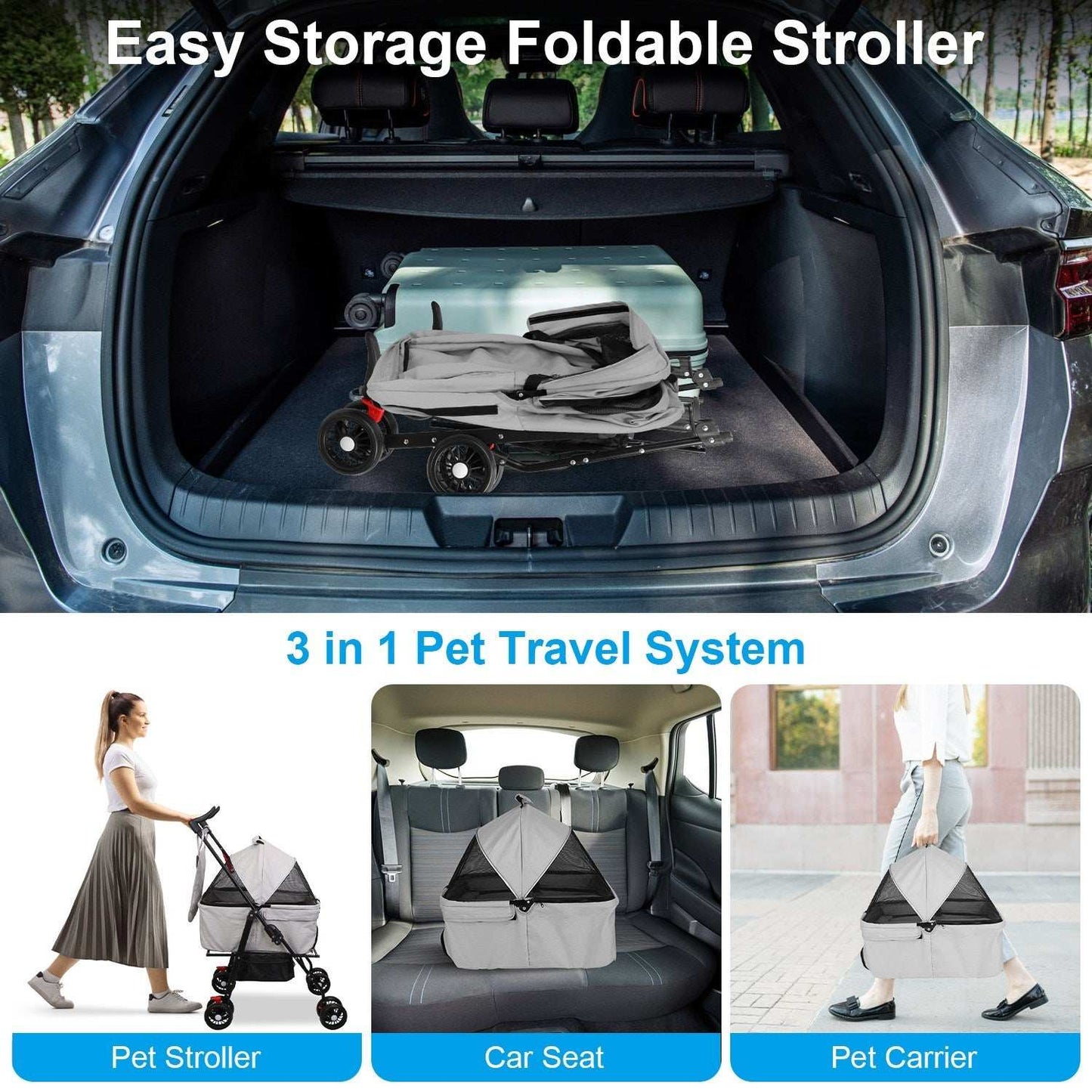 Pet Travel Stroller - Foldable 4-Wheel Carrier With Storage Basket