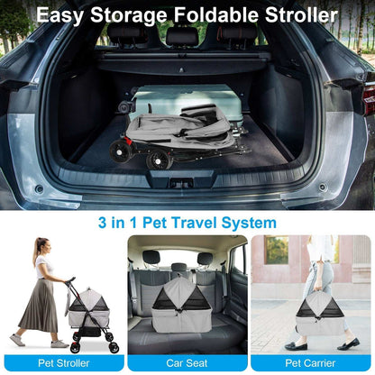 Pet Travel Stroller - Foldable 4-Wheel Carrier With Storage Basket