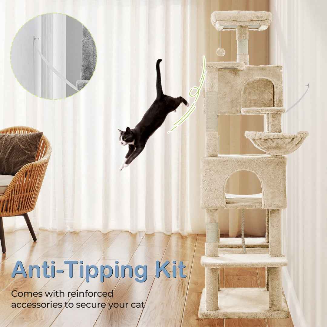 66-Inch Cat Tree Tower - Multi-Level with 2 Condos & Hammock - Purrfect Pet Haven