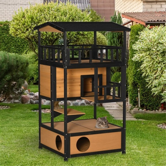 Multi-level cat tree with wooden platforms and a black frame in a garden setting.