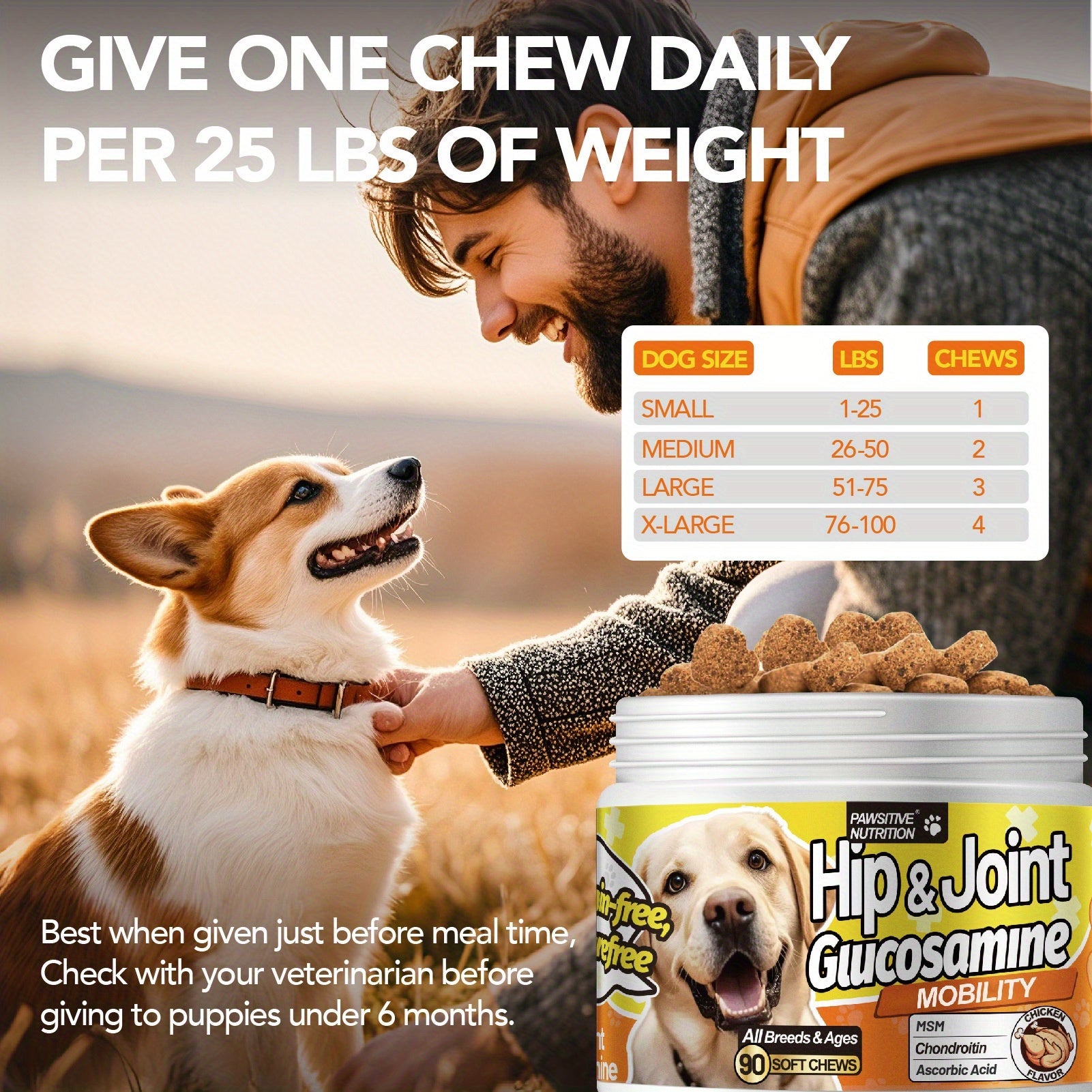PAWSITIVE NUTRITION Advanced Hip and Joint Supplement - 90 Count, Glucosamine & Chondroitin, MSM, Alaskan Salmon Oil - Joint & Muscle Health, Mobility & Flexibility, Chicken Flavor | Purrfect Pet Haven