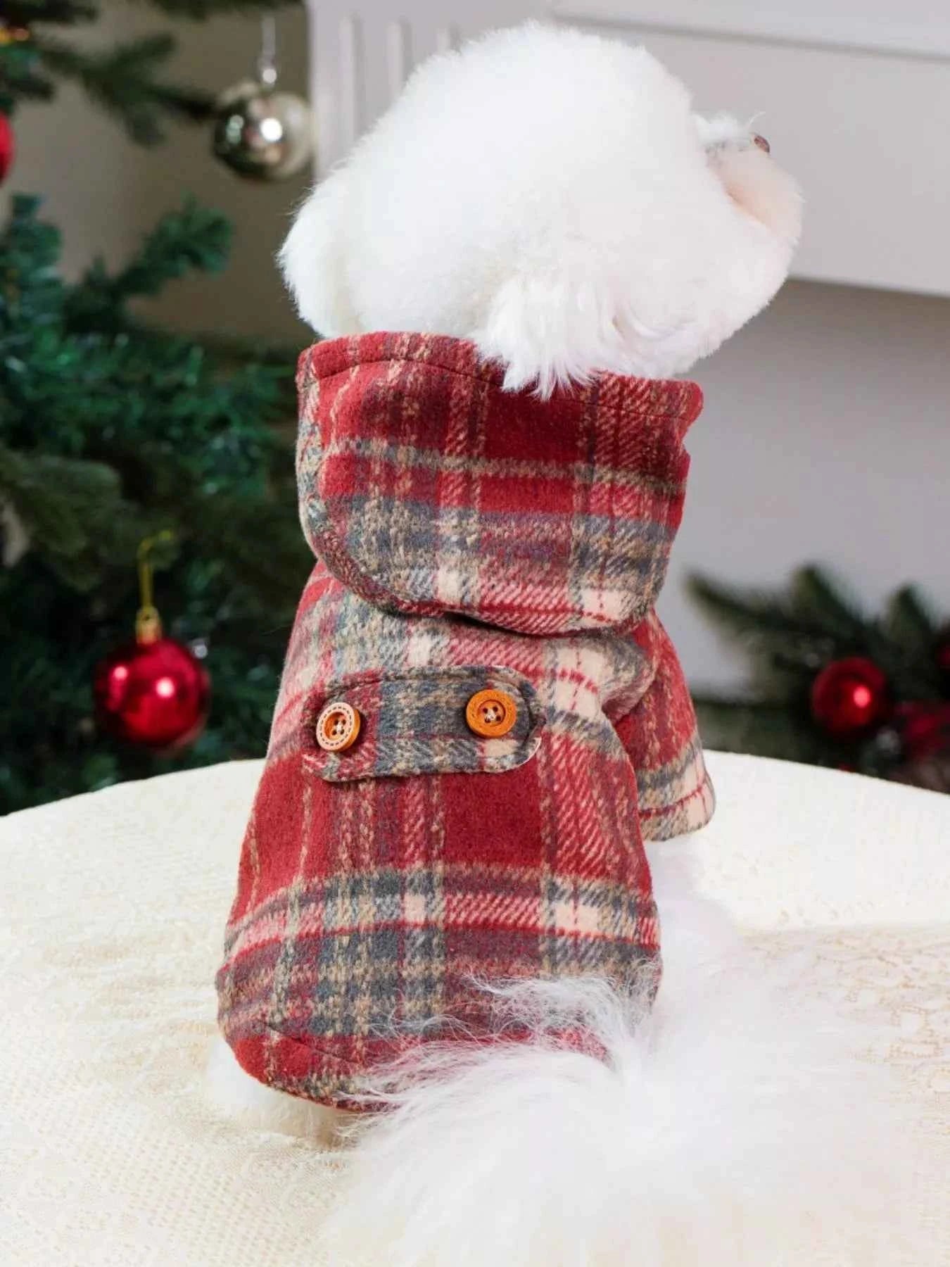 Plaid Button-Down Pet Coat with Hood
