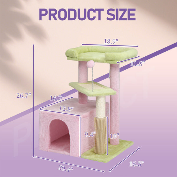 Cat Tree 27.5" - Multi-Level Tower Pink & Green for Kittens
