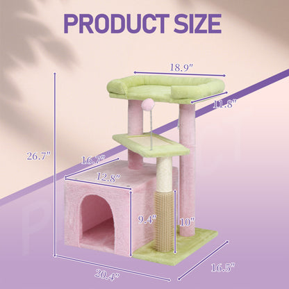 Cat Tree 27.5" - Multi-Level Tower Pink & Green for Kittens