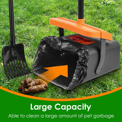Pooper Scooper Kit Dog Poop Rake & Swiveling Bin Poop Heavy Duty Pick Up Tool With Extra Long Handle 35 Waste Bags Dispenser