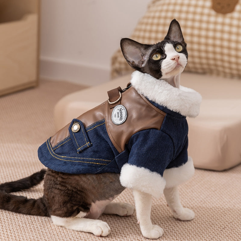 Retro Rebel Jacket - Denim Pet Coat with Fur