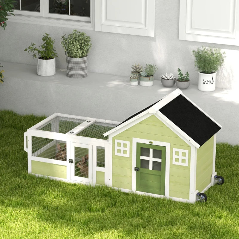 64 Inch Rabbit Hutch With Asphalt Roof, Handle, Wheels, Multicolo - Purrfect Pet Haven