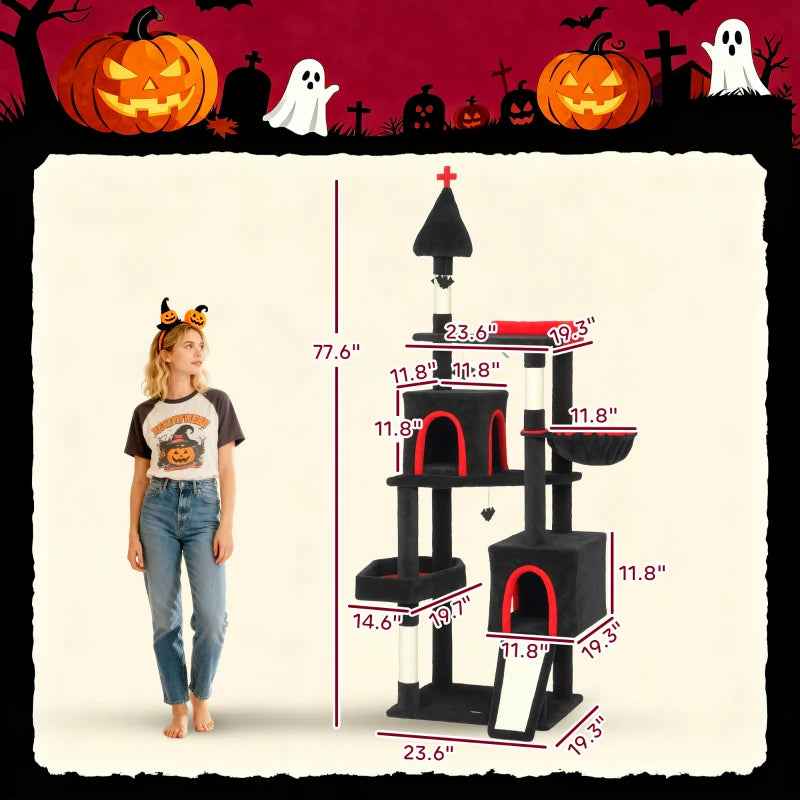 Gothic Cat Tree, Cat Tower With Coffin Bed, 2 Spacious Condos, Sisal Scratching Posts, Bat Hanging Balls, Halloween