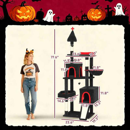 Gothic Cat Tree, Cat Tower With Coffin Bed, 2 Spacious Condos, Sisal Scratching Posts, Bat Hanging Balls, Halloween