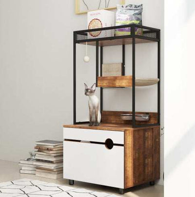 Front Access Cat Litter Box Enclosure with Cat Tree Tower