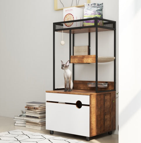 Front Access Cat Litter Box Enclosure with Cat Tree Tower