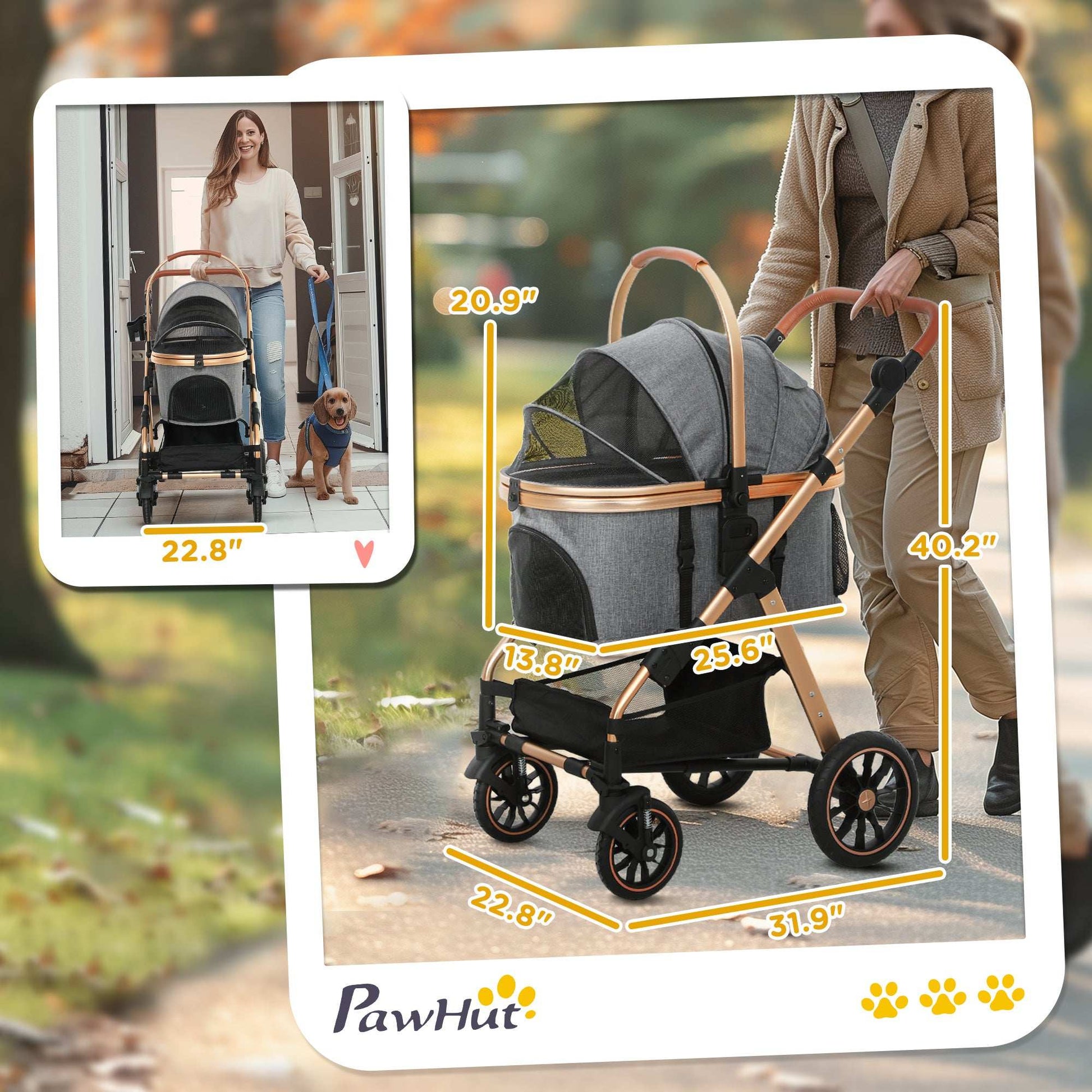 PawHut pet stroller with measurements and a couple using it outdoors.