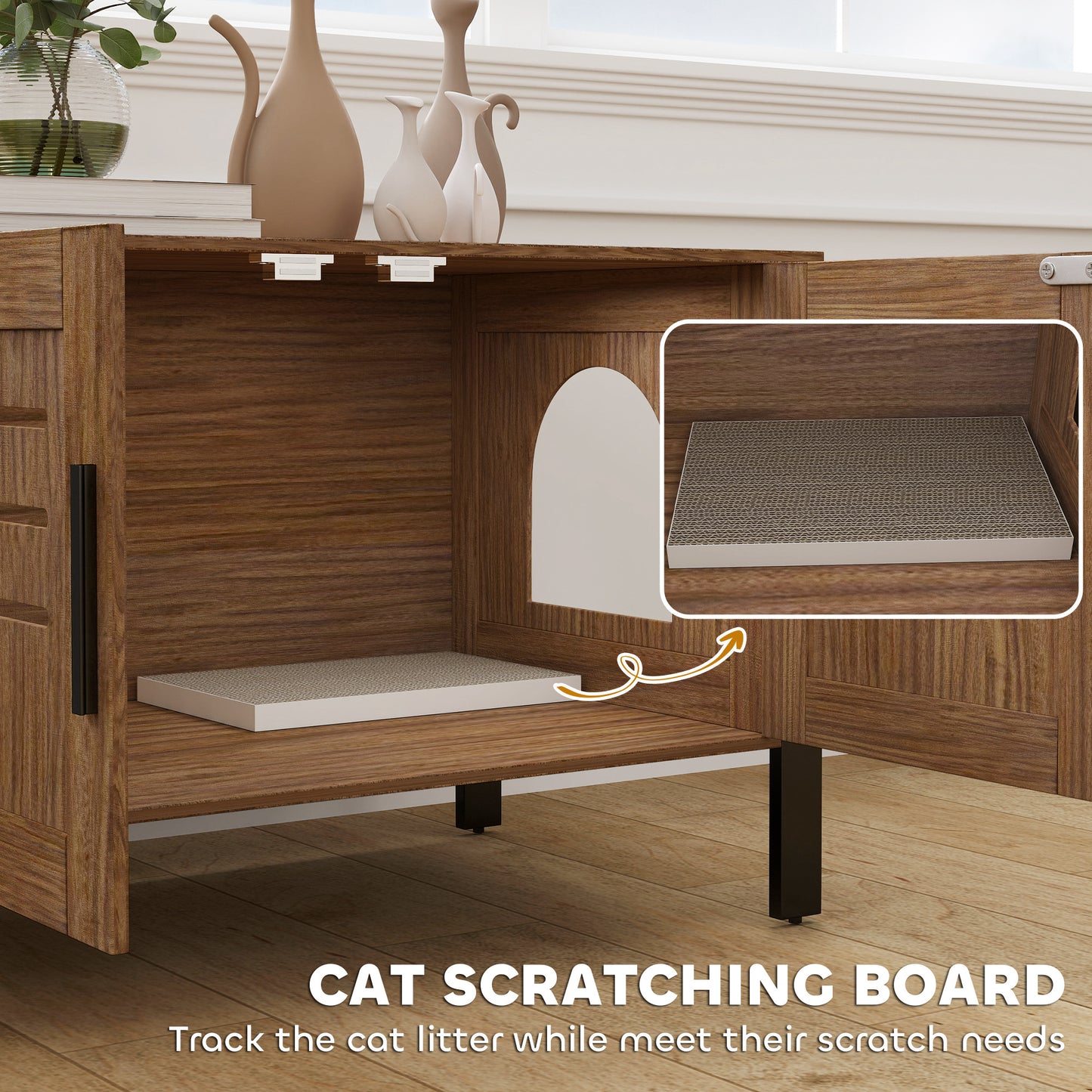 Cat Litter Box Enclosure with Scratching Board - Hidden Cabinet