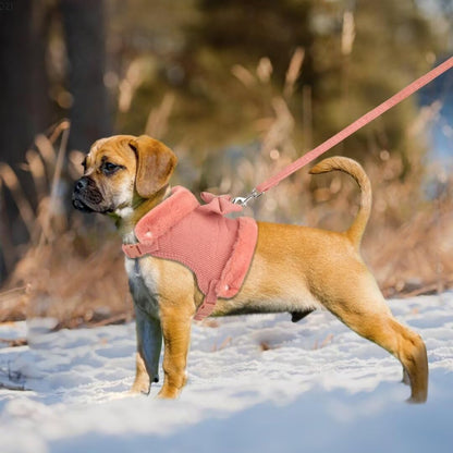 Warm Fur Collar Soft Padded Small Girl Pet Harness and Leash Set with Bow Tie