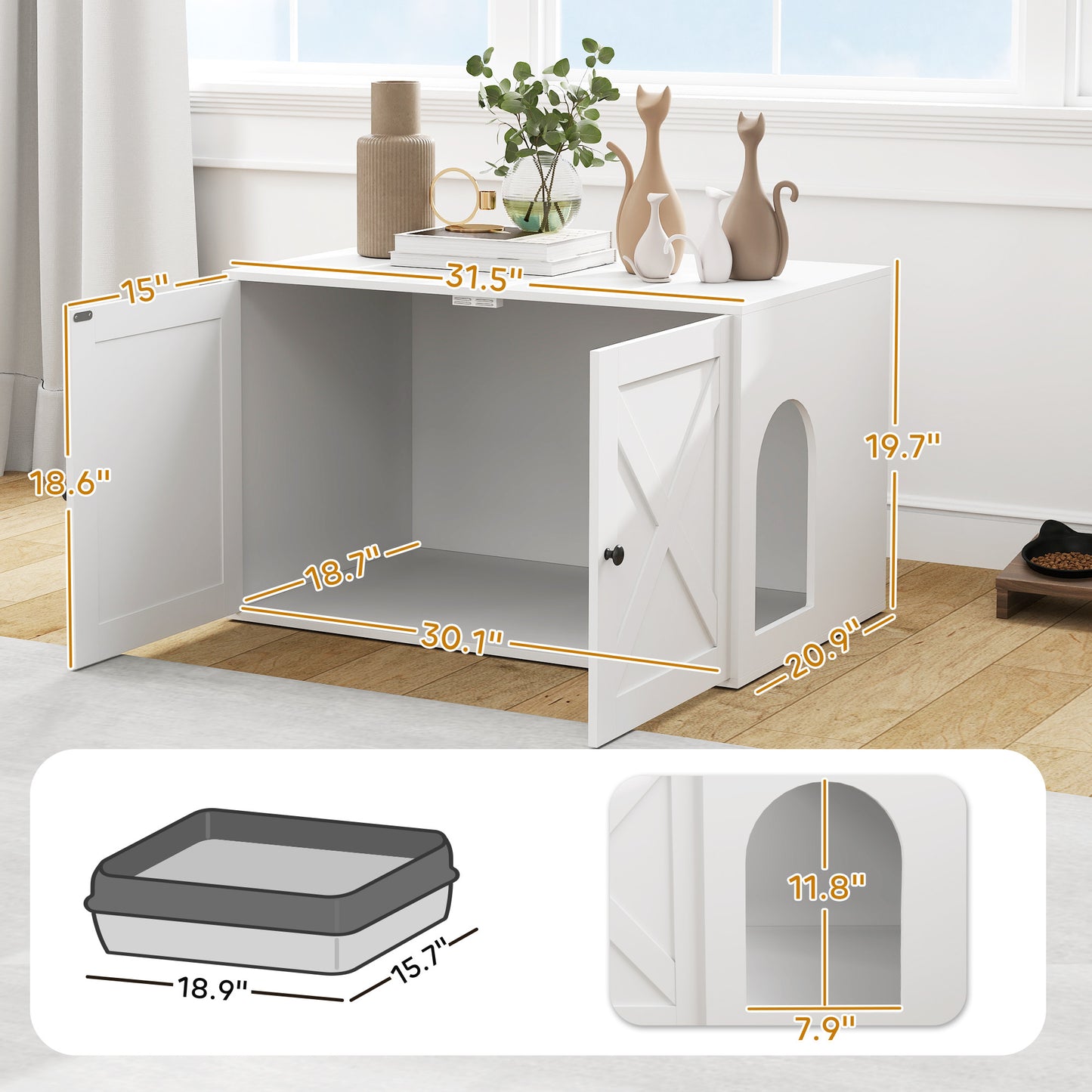 Cat Litter Box Enclosure with Barn Door - Hidden Cabinet 31.5x21x20