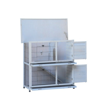 2-Story Rabbit Hutch - White with Removable Trays & Run