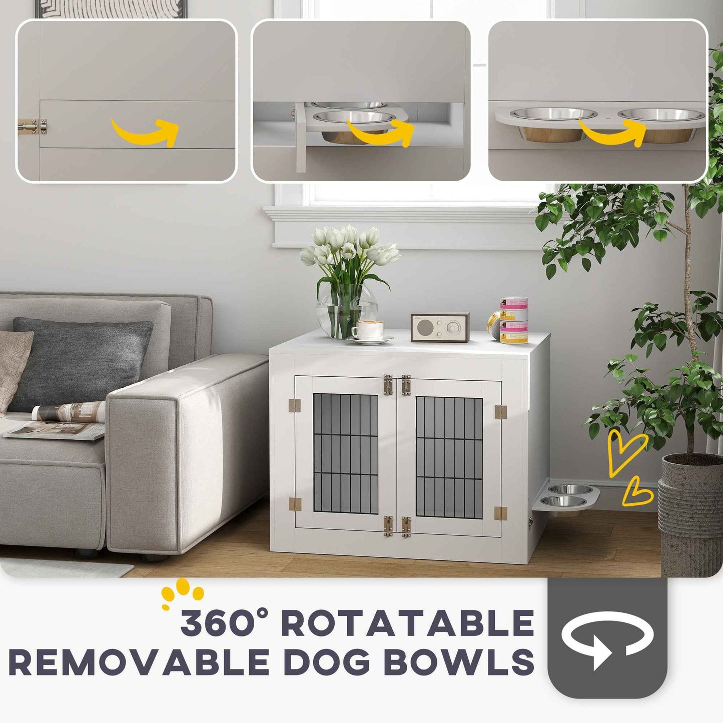 Dog Crate Furniture with 360° Rotatable Removable Dog Bowls