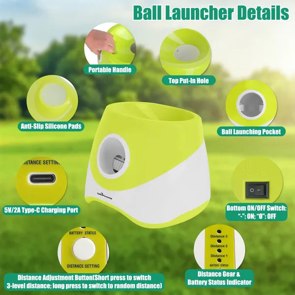 Dog Ball Launcher Automatic - Rechargeable 3 Distances 6 Balls