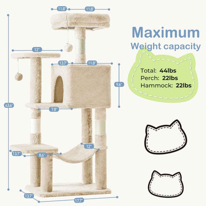 44-Inch Cat Tree - Multi-Level with Hammock & Sisal Posts - Purrfect Pet Haven
