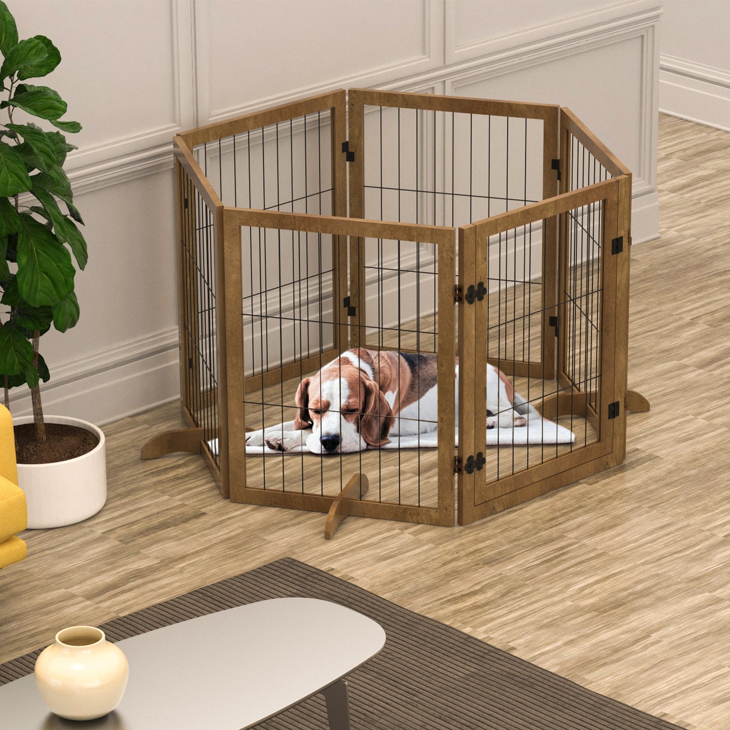 Dog Gate with Door - 6 Panel Pet Fence Barrier 144 Inch