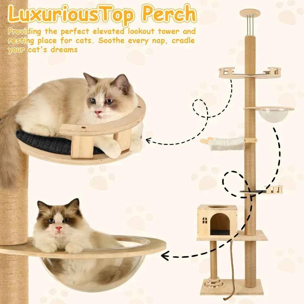 Floor To Ceiling Cat Tree, 6 Level Adjustable Height Climbing Tower With Thickened Scratching Posts, Cats Activity Center With Transparent Capsule And Cozy Hammock