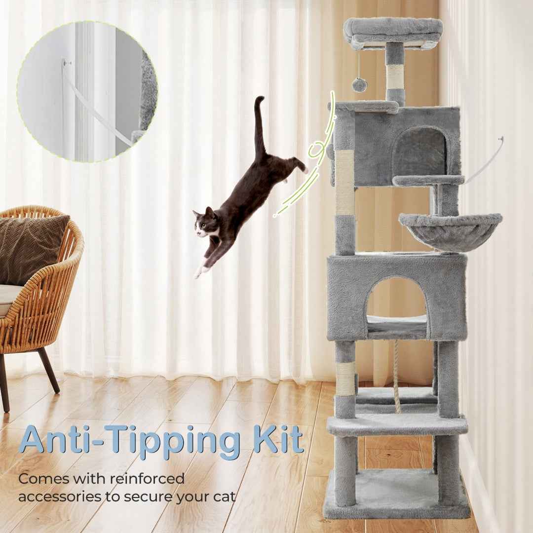 66-Inch Cat Tree Tower - Multi-Level with 2 Condos & Hammock - Purrfect Pet Haven