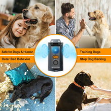 Dog training device with images of a girl, man, and dogs interacting with it.
